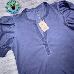 Nic + Zoe Women's XS‎ NZT Puff Sleeve Split Neck China Blue Shirt Cottagecore